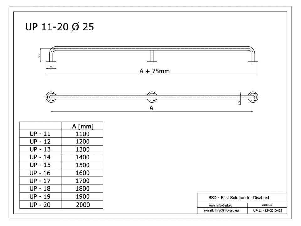 Gerader Handlauf für barrierefreies Bad 150 cm  aus rostfreiem Edelstahl ⌀ 25 mm