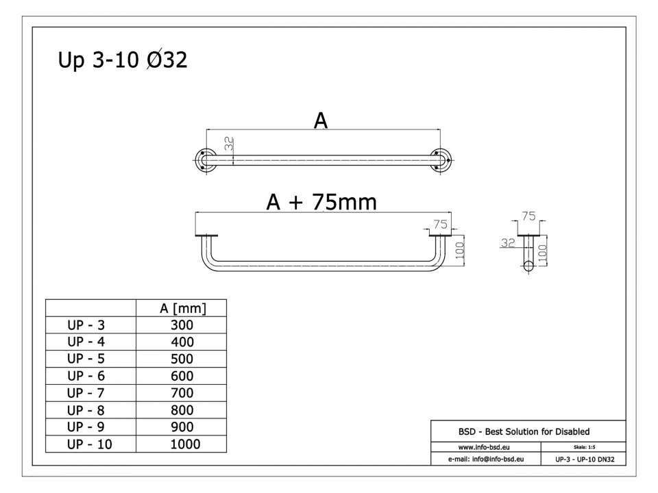 Haltegriff für barrierefreies Bad 100 cm aus rostfreiem Edelstahl ⌀ 32 mm mit Abdeckrosetten 