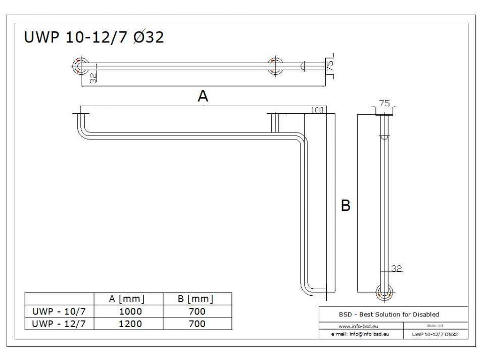 Handlauf für Badewanne für barrierefreies Bad 120/70 cm weiß ⌀ 32 mm