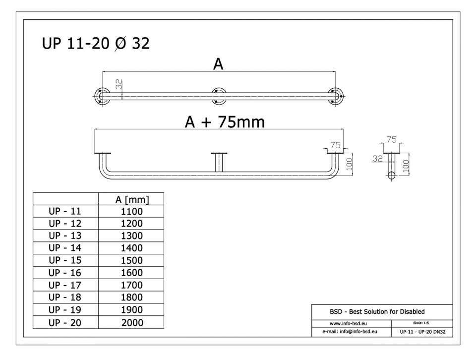 Handlauf für barrierefreies Bad 110 cm aus rostfreiem Edelstahl ⌀ 32 mm mit Abdeckrosetten