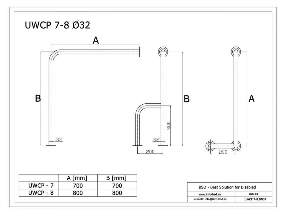 WC Stützgrif für barrierefreies Bad f zur Wand-Boden-Montage rechts aus rostfreiem Edelstahl  80 x 80 cm ⌀ 32 mm