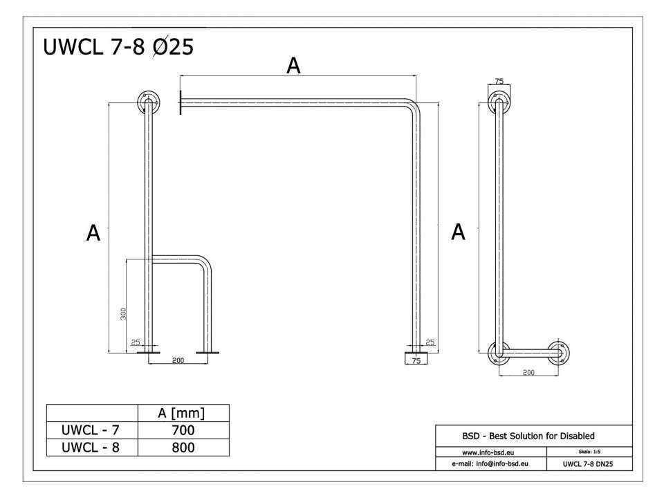 WC Stützgriff für barrierefreies Bad links montierbar 80 cm aus rostfreiem Edelstahl ⌀ 25 mm