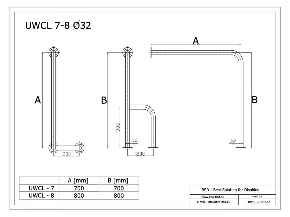 WC Stützgriff für barrierefreies Bad zur Wand-Boden-Montage links aus rostfreiem Edelstahl 80 x 80 cm ⌀ 32 mm