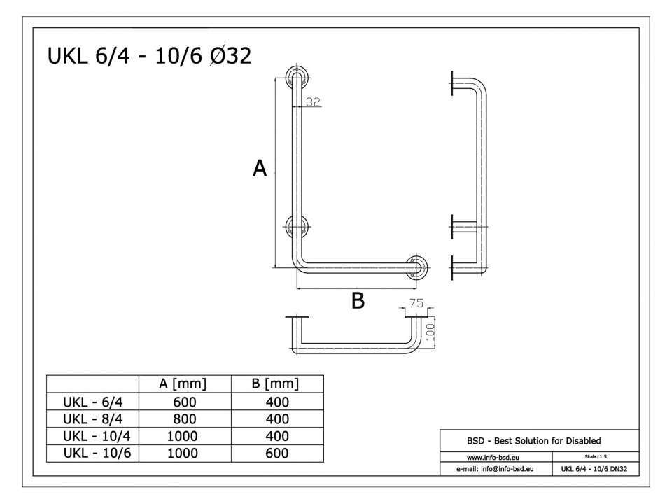 Winkelgriff 100/60 cm für barrierefreies Bad links montierbar weiß ⌀ 32 mm mit Abdeckrosetten
