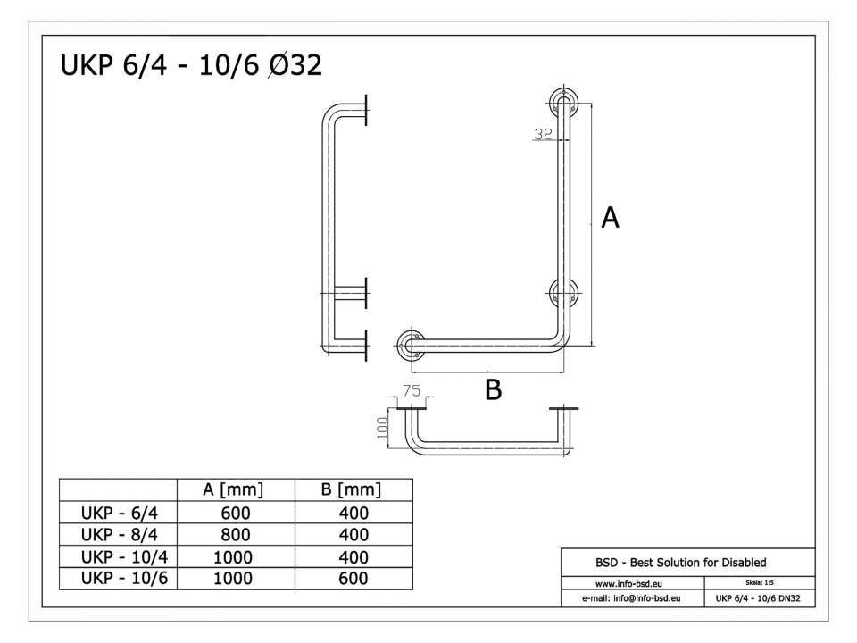 Winkelgriff 100/60 cm für barrierefreies Bad rechts montierbar weiß ⌀ 32 mm mit Abdeckrosetten