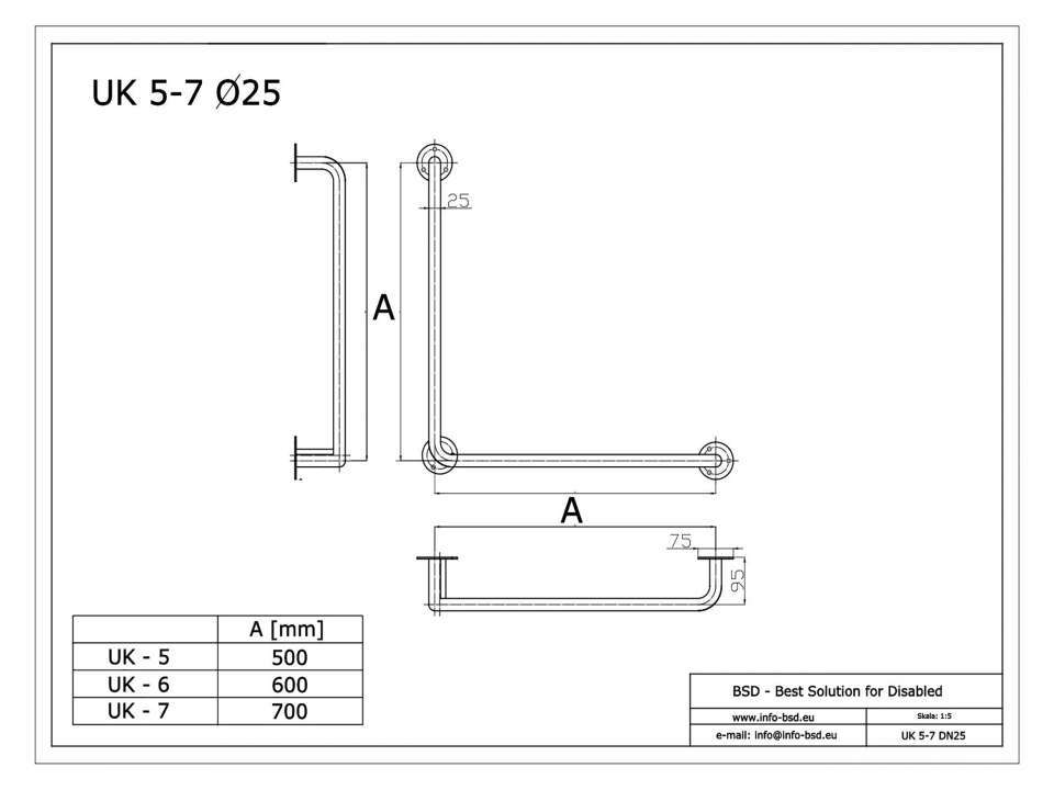 Winkelgriff für barrierefreies Bad 60/60 cm aus rostfreiem Edelstahl ⌀ 25 mm