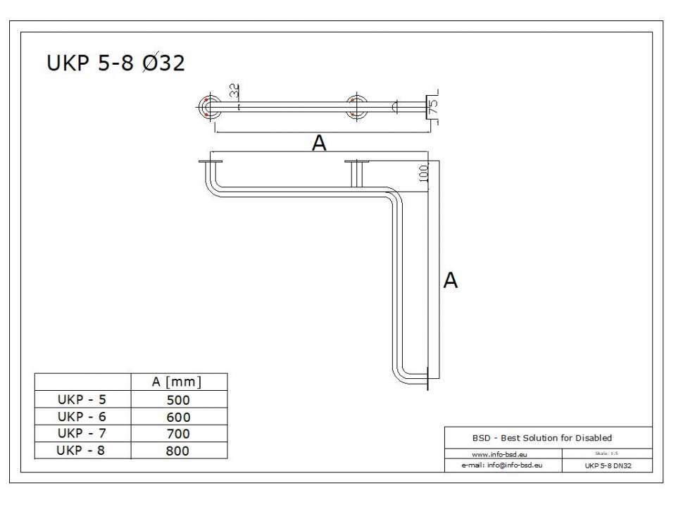 Winkelgriff waagerecht für barrierefreies Bad 80/80cm aus rostfreiem Edelstahl ⌀ 32 mm